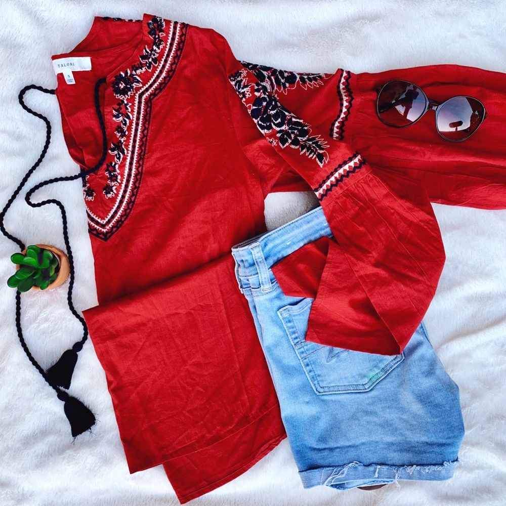 Talori Red Embroidered V- Neck Tunic ❤️